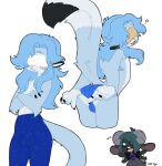  absurd_res anthro blue_body blue_clothing blue_fur bottomwear bovid bulge butt caprine clothing constellation duo fluffy fluffy_tail fur goat haplorhine hi_res horn leonis_stellas ludwick lunalin male male/male mammal monkey nathivy original_character_do_not_steal panties pants primate teasing underwear yoga_pants 