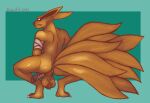  anthro backsack ball_tuft balls brown_body brown_fur canid canine crouching fangs fox fur genitals hi_res inabaart kurama male mammal multitail naruto penis presenting rear_view solo tailed_beast tuft 