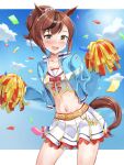  1girl :d animal_ears bangs belt blue_jacket blue_sky blush breasts brown_eyes brown_hair cheerleader cloud collarbone commentary_request confetti cowboy_shot crop_top day dusu_(htkj) ear_ribbon groin highres holding holding_pom_poms horse_ears horse_girl horse_tail jacket looking_at_viewer medium_hair midriff multicolored_hair navel nice_nature_(run&amp;win)_(umamusume) nice_nature_(umamusume) nose_blush open_clothes open_jacket open_mouth orange_shorts pleated_skirt pom_pom_(cheerleading) ponytail roar_yell!_tracen_academy_cheerleading_squad_(umamusume) shirt shorts shorts_under_skirt sidelocks skirt sky small_breasts smile solo standing streaked_hair sweat tail umamusume white_shirt white_skirt yellow_belt 