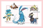  azumarill bird border character_name claws closed_eyes closed_mouth commentary deino_(pokemon) framed fusion geodude golett heart kazuko_(towa) linoone no_humans panpour pidgey pink_border pokemon pokemon_(creature) smoochum starly swinub water 