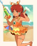  bare_shoulders barefoot beach beach_towel bird blush border bow breasts brown_hair cleavage cowboy_shot earrings flower_bracelet flower_earrings freckles frilled_swimsuit frills green_eyes grin hair_bow hairband hand_up highres holding holding_water_gun jewelry long_hair looking_at_viewer mario_(series) medium_breasts ocean one-piece_swimsuit princess_daisy smile softp3ach striped striped_bow swimsuit teeth thigh_strap towel umbrella water water_gun 