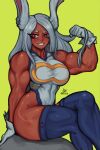  2022 absurd_res alesz01 animal_humanoid biceps breasts clothing deltoids female flexing gloves grey_hair hair handwear hi_res humanoid lagomorph lagomorph_humanoid legwear leotard leporid_humanoid mammal mammal_humanoid miruko muscular muscular_female my_hero_academia rabbit_humanoid solo tan_body tan_skin thigh_highs triceps 