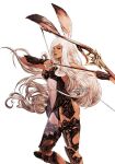  animal_ears arm_guards armor arrow_(projectile) ass bare_shoulders black_armor bow_(weapon) breasts dark-skinned_female dark_skin drawing_bow feet_out_of_frame fighting_stance final_fantasy final_fantasy_xii fran_(ff12) holding holding_arrow holding_bow_(weapon) holding_weapon large_breasts leg_armor long_hair looking_to_the_side parted_lips rabbit_ears rabbit_girl see-through vhyrel viera weapon white_background white_hair 