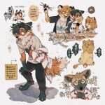  2021 anthro black_hair bottomwear canid canine cheetah chinese_text chopsticks claws clothed clothing countershade_face countershade_fur countershading dipstick_tail duo felid feline food fox fur group hair hi_res holding_chopsticks holding_object hyaenid inner_ear_fluff juanmao1997 kemono lion male mammal markings open_mouth orange_body orange_fur pantherine pants pawpads puppy_eyes shirt sitting_on_another solo tail_markings tail_tuft text topwear translation_request trio tuft yexiu_(juanmao1997) 
