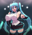  1girl alternate_breast_size aqua_eyes aqua_hair aqua_necktie breasts detached_sleeves hatsune_miku headset large_breasts long_hair magister necktie skirt sleeveless solo twintails very_long_hair vocaloid 