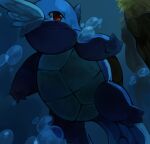  animal_focus blue_theme bubble closed_mouth commentary dark english_commentary fang fang_out from_below grass head_wings looking_to_the_side no_humans partially_submerged pokemon pokemon_(creature) puddingx2 red_eyes solo swimming turtle underwater wartortle 