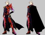  1boy armor berthor_lambert cape epaulettes fukusuu_(zeonms_06s) full_body gloves grey_background grey_eyes highres male_focus multiple_views pixiv_fantasia pixiv_fantasia_last_saga ponytail red_armor sheath sheathed standing sword weapon white_gloves white_hair 