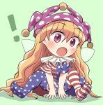  ! 1girl american_flag_dress american_flag_legwear blonde_hair blush clownpiece dress fairy fairy_wings fang full_body green_background hair_between_eyes hat highres jester_cap long_hair open_mouth pantyhose pink_eyes pink_headwear polka_dot polka_dot_headwear rokugou_daisuke signature simple_background solo star_(symbol) star_print striped striped_dress striped_pantyhose touhou wings 