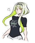  1girl :3 absurdres bangs black_shirt blunt_bangs colored_eyelashes colored_inner_hair green_hair hair_ornament highres huffing looking_at_viewer meme meme_attire multicolored_hair puckered_lips red_eyes ringo_(soul_hackers_2) scruffyturtles shirt short_hair short_hair_with_long_locks sidelocks smile solo soul_hackers soul_hackers_2 two-tone_hair white_background you_look_like_just_enough_xp_(meme) 