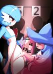  &lt;3 absurd_res anthro black_sclera blue_hair blush chobonolly duo female frottage gardevoir generation_3_pokemon generation_8_pokemon genitals hair hatterene hi_res intersex intersex/intersex mega_evolution mega_gardevoir nintendo open_mouth penis pokemon pokemon_(species) psychic_powers sex size_difference small_but_hung smaller_female spectators video_games 