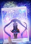  aerial_fireworks aqua_hair arms_behind_back bare_shoulders black_skirt black_sleeves black_thighhighs clear_sky commentary dated dated_commentary detached_sleeves english_commentary fireworks flower happy_birthday hatsune_miku highres holding holding_flower holding_picture legs_together long_hair looking_at_object maronie. night outdoors own_hands_together picture_(object) pleated_skirt shirt sidelocks skirt sky sleeveless sleeveless_shirt solo strap sunflower thighhighs twintails very_long_hair vocaloid white_shirt zettai_ryouiki 