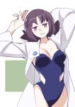  1girl 34_(sanjushi) blue_one-piece_swimsuit breasts closed_mouth collarbone highres jewelry labcoat looking_at_viewer necklace one-piece_swimsuit philena_ivy pokemon pokemon_(anime) pokemon_(classic_anime) purple_eyes purple_hair short_hair solo strapless swimsuit 