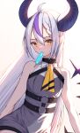  1girl absurdres ahoge backlighting bangs bare_arms bare_shoulders breasts brown_eyes chantly_78 commentary_request demon_horns dress fang food food_in_mouth grey_dress grey_hair hair_between_eyes highres hololive horns la+_darknesss mouth_hold multicolored_hair pointy_ears popsicle purple_hair simple_background sleeveless sleeveless_dress small_breasts solo streaked_hair virtual_youtuber white_background 
