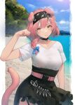  1girl absurdres animal_ears arknights beach black_skirt blue_bow blue_sky bow breasts cat_ears cat_girl cat_tail closed_mouth cloud collarbone commentary_request day frilled_skirt frills goldenglow_(arknights) hair_bow hair_over_shoulder hand_up highres long_hair looking_at_viewer pink_hair sand shirt short_sleeves skirt sky small_breasts smile solo tail tree water welt_(kinsei_koutenkyoku) white_shirt yellow_eyes 
