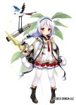 1girl albino bird black_bow black_footwear black_hairband black_sailor_collar blush boots bow character_request coat dress flower flower_knight_girl frills full_body gradient_clothes grey_hair hair_bow hairband holding holding_sword holding_weapon kurot layered_dress legs_apart long_hair looking_at_viewer low-braided_long_hair necktie official_art pantyhose pom_pom_(clothes) raised_eyebrows red_eyes red_necktie sailor_collar scabbard sheath short_dress simple_background solo standing sword weapon white_background white_dress white_pantyhose 