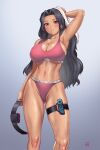  1girl abs arm_up armpits ass_visible_through_thighs black_hair blush bra brand_name_imitation breasts calvin_klein cleavage collarbone controller dark-skinned_female dark_skin finalcake game_controller gradient gradient_background hair_intakes highres large_breasts long_hair mole mole_on_breast mole_under_eye navel nijisanji nijisanji_en panties red_bra red_eyes red_panties ring_fit_adventure scarle_yonaguni signature simple_background skindentation solo sports_bra stomach sweat thigh_strap thighs towel towel_on_head underwear underwear_only virtual_youtuber 