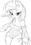  2020 anthro anthrofied bangs black_and_white blush bottomless breasts cheek_tuft chest_tuft clothed clothing cutie_mark earth_pony equid equine facial_tuft featureless_crotch female friendship_is_magic fur hair half-closed_eyes hasbro head_tuft hi_res horse inner_ear_fluff knifeh looking_down mammal maud_pie_(mlp) medium_breasts monochrome my_little_pony narrowed_eyes open_mouth pony shirt shoulder_tuft topwear tuft 