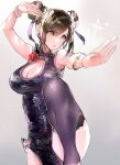  1girl absurdres bangs bare_shoulders black_hair bracelet breasts brown_eyes china_dress chinese_clothes cleavage cleavage_cutout clothing_cutout cowboy_shot double_bun dress fighting_stance final_fantasy final_fantasy_vii final_fantasy_vii_remake fishnet_thighhighs fishnets flower grey_background hair_between_eyes hair_bun highres jewelry large_breasts leg_up looking_to_the_side official_alternate_costume outstretched_arm parted_lips pelvic_curtain red_flower red_rose rose shoji_sakura sleeveless sleeveless_dress solo thighhighs tifa_lockhart 
