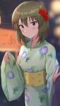  1girl :&lt; absurdres bangs blurry blurry_background blush bob_cut clothes_grab commentary commission cowboy_shot depth_of_field floral_print flower green_hair green_kimono hair_flower hair_ornament highres idolmaster idolmaster_million_live! idolmaster_million_live!_theater_days japanese_clothes kimono long_sleeves looking_at_viewer nagayoshi_subaru night obi outdoors parted_lips print_kimono red_eyes red_flower sash short_hair shuucream_(syuichi) sleeve_grab solo standing wide_sleeves yellow_sash yukata 