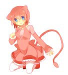  1girl animal_ears back_bow bangs blue_eyes blush bow breasts cat_ears cat_girl cat_tail commentary dress english_commentary frilled_dress frilled_sleeves frills full_body hair_between_eyes kneeling light_blush long_sleeves looking_at_viewer mew nose_blush open_mouth pantyhose personification pink_bow pink_dress pink_hair pink_theme pokemon puddingx2 red_footwear shoes short_dress short_hair sidelocks simple_background sleeves_past_wrists small_breasts solo tail white_background white_pantyhose 