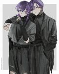  2boys arm_around_shoulder belt black_belt black_jacket black_pants black_sweater brothers grey_jacket hair_behind_ear haitani_ran haitani_rindou half-closed_eyes hand_in_pocket head_tilt highres jacket jewelry k00s leaning_on_person looking_at_viewer male_focus multiple_boys pants purple_eyes purple_hair ring siblings sleeves_past_wrists smile sweater tokyo_revengers 