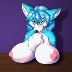  2022 absurd_res anthro areola big_breasts blue_body blue_fur blue_hair breasts canid canine chest_tuft female fox fur hair hi_res krystal mammal nintendo nipples nude pink_areola pink_nipples simple_background solo star_fox tuft video_games wisty 