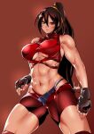  1girl abs bowalia breasts brown_background brown_eyes brown_hair fingerless_gloves gloves injury large_breasts long_hair looking_at_viewer midriff muscular muscular_female original ponytail red_shorts shorts simple_background solo thick_thighs thighs 