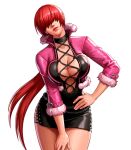  1girl black_dress bodycon dress earrings jewelry lipgloss lipstick makeup rayzo-1986 red_hair red_lips shermie_(kof) solo the_king_of_fighters white_background 