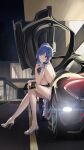  1girl absurdres ankleband azur_lane backless_dress backless_outfit bag bangs bloom blue_hair breasts building butterfly_doors car dress evening_gown ground_vehicle gullwing_doors handbag high_heels highres large_breasts legs lens_flare long_hair looking_at_viewer mclaren mclaren_p1 motor_vehicle official_alternate_costume official_art outdoors plunging_neckline product_placement qq1264702834 revealing_clothes side_ponytail sideboob sitting solo sports_car st._louis_(azur_lane) st._louis_(luxurious_wheels)_(azur_lane) strappy_heels swept_bangs underboob 