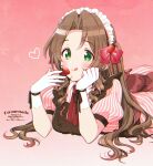  1girl aerith_gainsborough alternate_costume apron artist_name back_bow bangs blush bow breasts brown_apron collared_dress dated dress final_fantasy final_fantasy_vii final_fantasy_vii_remake food food-themed_hair_ornament frilled_apron frills fruit gloves gradient gradient_background green_eyes hair_bow hair_down hair_ornament head_on_hand heart highres holding holding_food holding_fruit krudears long_hair looking_at_viewer lying maid_headdress medium_breasts neck_ribbon on_stomach parted_bangs pink_background pink_dress puffy_short_sleeves puffy_sleeves red_bow red_ribbon ribbon short_sleeves sidelocks solo strawberry strawberry_hair_ornament striped striped_dress tongue tongue_out twitter_username upper_body wavy_hair white_dress white_gloves wrist_ribbon 