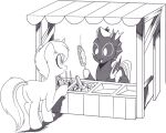  ambiguous_gender arthropod changeling corn duo equid equine fan_character fangs feral food friendship_is_magic hasbro hi_res holding_food holding_object horn mammal monochrome my_little_pony nauyaco open_mouth open_smile plant simple_background smile unicorn w._rhinestone_eyes_(oc) wings 