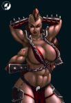  1girl abs absurdres armor arms_behind_head belt black_nails blind_anubis breasts brown_hair center_opening chain criss-cross_halter extra_arms halterneck hands_on_own_head hands_on_own_stomach highres horns huge_breasts large_breasts leg_armor lips lipstick looking_at_viewer makeup midriff mortal_kombat muscular muscular_female nail_polish navel no_bra no_shirt orange_eyes pauldrons pelvic_curtain pose red_lips sheeva shoulder_armor slit_pupils solo spiked_armor stomach thigh_armor thighs vambraces yin_yang 