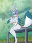 absurd_res anthro big_breasts blue_body blue_eyes breasts day dessert eeveelution female food generation_4_pokemon glaceon hi_res holding_object ice_cream looking_at_viewer nachan nintendo nude outside pokemon pokemon_(species) pokemorph sitting solo thick_thighs video_games 