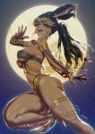  1girl animal_ears ass avatar_(ff14) bangs black_hair breasts brown_eyes commission dancer dark-skinned_female dark_skin detached_sleeves final_fantasy final_fantasy_xiv from_side full_moon highres jewelry kio_naoki long_hair looking_at_viewer medium_breasts moon open_mouth ponytail rabbit_ears ring skindentation sky solo star_(sky) starry_sky viera 