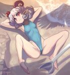  1girl alternate_costume curly_hair earrings highres horizontal_pupils horn_ornament horn_ribbon horns jewelry one-piece_swimsuit pointy_ears rectangular_pupils red_eyes red_horns ribbon sheep_horns shope solo swimsuit touhou toutetsu_yuuma white_hair 