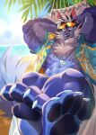  abs absurd_res anthro beach biceps blue_body blue_fur canid canine canis claws eyewear fur grin hammock hands_behind_head hi_res lifewonders male mammal muscular muscular_anthro muscular_male nipples palm_tree pecs plant reclining seaside smile solo sunglasses takemoto_arashi tindalos_(tas) tokyo_afterschool_summoners tongue tongue_out tree video_games wolf 