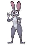  2022 ahegao anthro areola bodily_fluids breasts disney eye_roll female fur genitals gesture grey_body grey_fur hi_res judy_hopps lagomorph leporid looking_pleasured mammal nipples nude open_mouth open_smile purple_eyes pussy qupostuv35 rabbit saliva simple_background smile solo standing v_sign zootopia 
