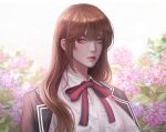  1girl blurry blurry_background bow bowtie brown_eyes brown_hair collared_shirt english_commentary flower highres lips long_hair looking_at_viewer nose omniscient_reader&#039;s_viewpoint portrait shirt solo white_background yabin yoo_sangah 