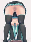  1girl anus ass bent_over black_footwear black_skirt black_sleeves blue_hair blue_necktie boots breasts commentary_request detached_sleeves full_body hatsune_miku headset highres hits_(hitstts) medium_breasts miniskirt necktie nipples no_panties pleated_skirt puffy_nipples pussy pussy_juice pussy_juice_puddle simple_background skindentation skirt solo thigh_boots tie_clip topless uncensored vocaloid white_background 