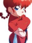  1girl blue_eyes braid breasts chinese_clothes crossed_arms fingernails hair_between_eyes large_breasts looking_at_viewer ranma-chan ranma_1/2 red_hair rom_(20) saotome_ranma short_hair short_sleeves simple_background solo tangzhuang white_background 
