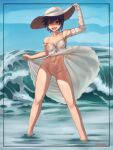  1girl :d artist_name bandaged_arm bandages blue_hair blue_sky breasts clothes_lift dark_blue_hair dress dress_lift hat highres kanbaru_suruga monogatari_(series) navel nipples open_mouth orange_eyes pussy see-through seraziel short_hair sky smile solo standing wading water waves wet wet_clothes white_dress 