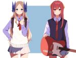  2girls alternate_costume asakaze_(kancolle) backpack bag bangs black_vest blue_background blue_eyes collared_shirt cowboy_shot electric_guitar forehead guitar hachino_mugi hair_ribbon highres instrument kamikaze_(kancolle) kantai_collection light_brown_hair long_hair long_sleeves multiple_girls parted_bangs purple_eyes purple_hair purple_shirt purple_skirt ribbon school_uniform shirt skirt two-tone_background vest wavy_hair white_background white_vest yellow_ribbon 