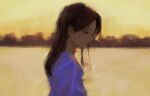  1girl 7ife bangs brown_hair evening from_side half-closed_eyes highres lips long_hair original outdoors parted_lips profile purple_shirt shirt solo upper_body 