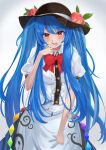  1girl alternate_hairstyle black_headwear blue_hair blue_skirt blush buttons center_frills collared_shirt food food-themed_hat_ornament frills fruit fruit_hat_ornament hair_between_eyes hat hat_ornament highres hinanawi_tenshi long_hair mukade_172 open_mouth peach puffy_short_sleeves puffy_sleeves rainbow_order red_eyes shirt short_sleeves skirt smile solo touhou twintails upper_body white_shirt 