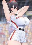  1girl :o absurdres armpits arms_behind_head arms_up bangs baseball_stadium baseball_uniform black_hair blurry blurry_background blush bow breasts collared_shirt cowboy_shot crossed_bangs curvy hair_between_eyes hair_bow highres large_breasts looking_at_viewer mole mole_on_arm mole_on_neck mole_on_thigh mole_under_eye mole_under_mouth oji_fuguri open_mouth original pinstripe_shorts purple_eyes shirt shirt_tucked_in short_hair short_shorts shorts solo sportswear thick_thighs thighs 