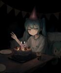  1girl 39 absurdres alternate_costume aqua_eyes aqua_hair bangs birthday_cake birthday_party cake candle casual character_doll closed_mouth clothes_writing commentary_request cup dark drinking_glass food hat hatsune_miku highres indoors long_hair looking_at_viewer party_hat plate sakiika0513 shirt short_sleeves sitting smile solo spring_onion strawberry_cake t-shirt table twintails v vocaloid 
