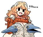  1girl animal bird blonde_hair booby_(bird) bottomless breasts clothes_lift flashing freckles heart lifted_by_self long_hair mole mole_on_breast murgoten open_mouth original ribbed_sweater spoken_heart sweater 