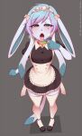  2021 anthro artist_name biped blue_body blue_eyes blue_hair bodily_fluids clothing clothing_bow collar digital_media_(artwork) eeveelution english_text finger_to_mouth footwear full-length_portrait generation_4_pokemon glaceon glacey grey_background hair hi_res looking_at_viewer maid_headdress maid_uniform male nintendo open_mouth pink_tongue pokemon pokemon_(species) portrait purple_hair rainbow_collar re-sublimity-kun saliva saliva_string shaded shoes simple_background solo standing text tongue tongue_out uniform video_games 