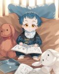  1boy blue_hair book chinese_clothes ethylene_ty genshin_impact highres long_sleeves looking_at_viewer male_child male_focus open_book pillow short_hair sitting stuffed_animal stuffed_bunny stuffed_toy xingqiu_(genshin_impact) yellow_eyes 