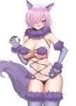  1girl absurdres animal_ear_fluff animal_ears bikini blush breasts claw_pose dot_nose elbow_gloves fang fate/grand_order fate_(series) fur_collar fur_trim gloves hair_over_one_eye hand_on_hip highres kirin3145 large_breasts looking_at_viewer mash_kyrielight mash_kyrielight_(dangerous_beast) navel open_mouth pink_hair purple_eyes purple_gloves purple_tail purple_thighhighs revealing_clothes short_hair simple_background solo stomach sweatdrop swimsuit teeth thighhighs white_background 